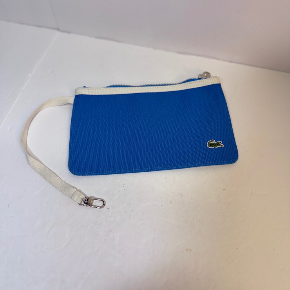 Lacoste Blue Canvas Zippered Pouch Wristlet Clutch with Crocodile Logo